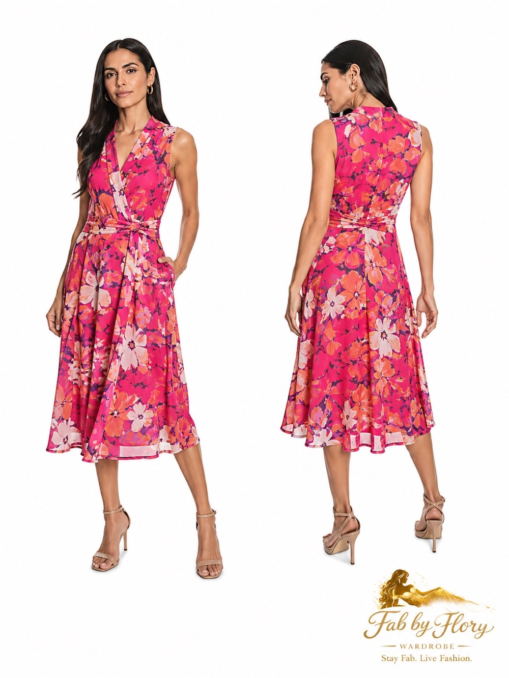 Jessica Howard Vibrant Floral Twist-Front Sleeveless Midi Dress